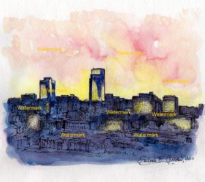 Omaha skyline watercolor painting of downtown at sunset.