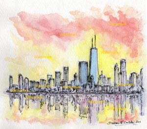 Chicago skyline watercolor painting of near north side at sunset.