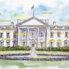 White House watercolor #673A pen & ink landmark with views of the fountain and gardens.