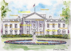 White House watercolor painting with pen & ink lines and hatching.