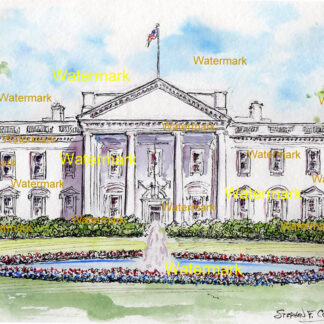 White House watercolor #673A pen & ink landmark with views of the fountain and gardens.