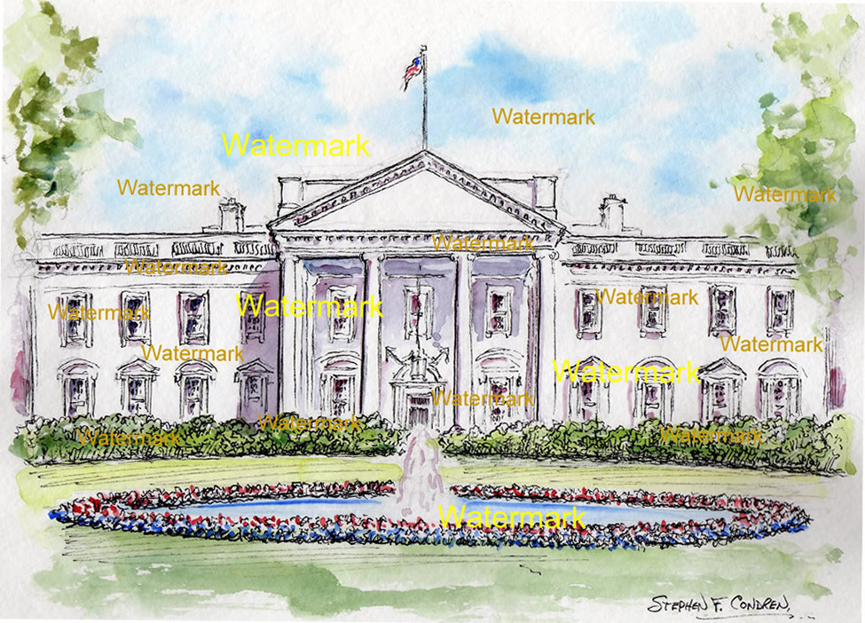 White House watercolor #673A pen & ink landmark with views of the fountain and gardens.