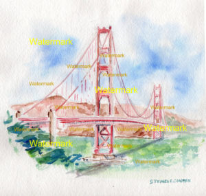Golden Gate Bridge watercolor painting as seen from San Francisco
