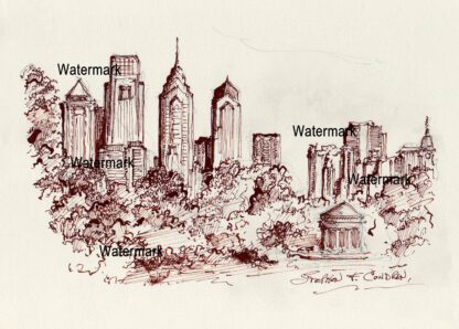 Philadelphia Skyline Pen & Ink Drawing From FDR Park with gazebo.