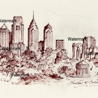 Philadelphia Skyline Pen & Ink Drawing From FDR Park with gazebo.