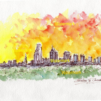 Philadelphia skyline watercolor painting of skyscrapers at sunset.