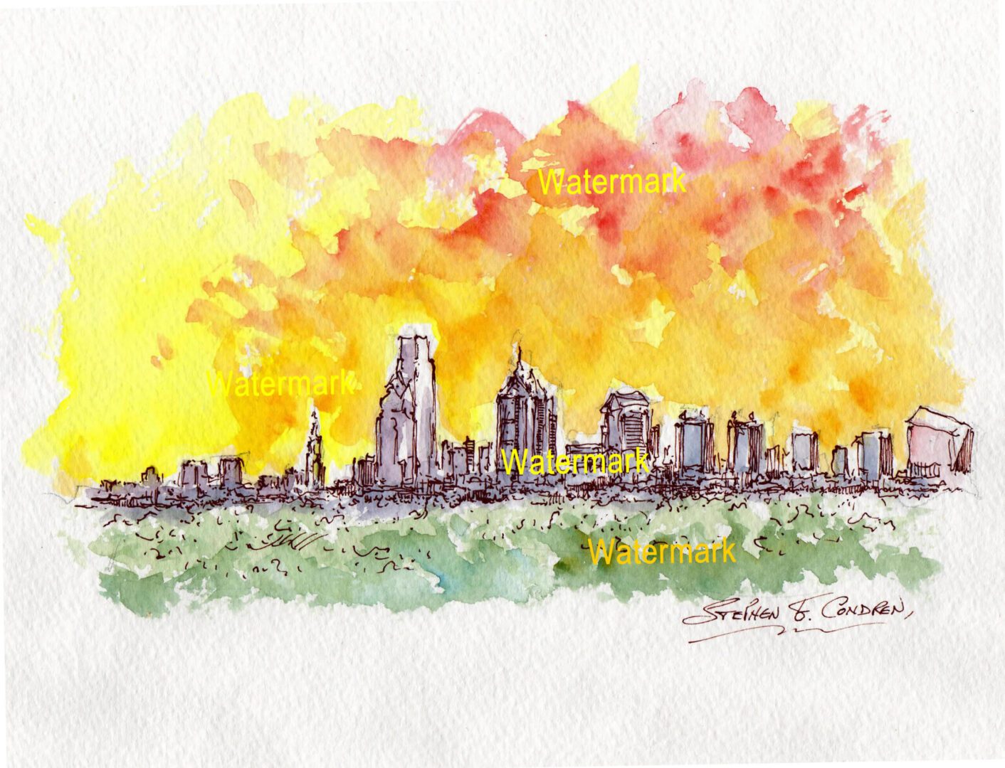 Philadelphia skyline watercolor painting of skyscrapers at sunset.