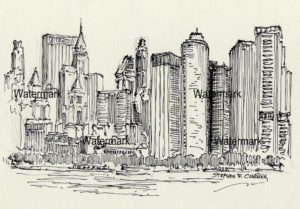 Manhattan skyline pen & ink drawing of lower Manhattan skyscrapers.