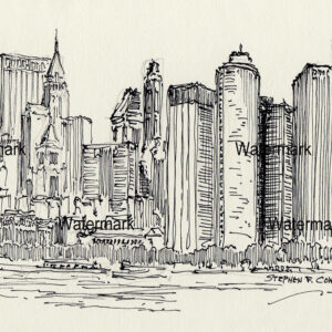 Lower Manhattan skyline #829A pen & ink cityscape drawing is popular because of it's tall buildings.