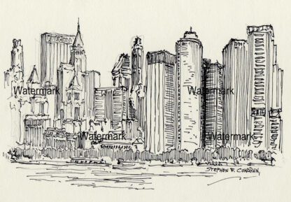 Lower Manhattan skyline #829A pen & ink cityscape drawing is popular because of it's tall buildings.