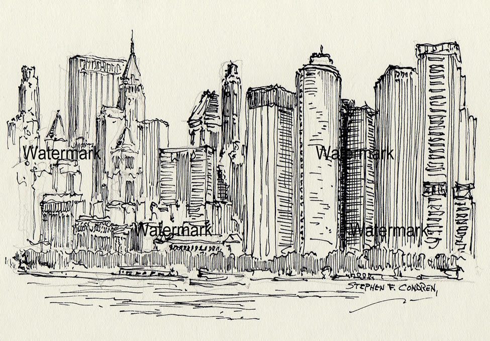 Lower Manhattan Skyline #829A Pen & Ink Drawing • Stephen Condren