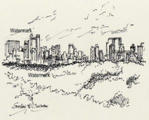 Manhattan skyline pen & ink drawing of midtown from Central Park.