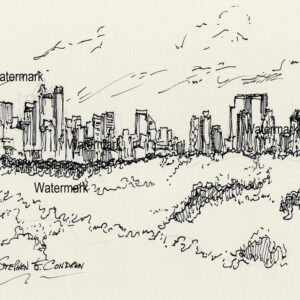 Manhattan skyline #830A pen & ink cityscape drawing with a view of Central Park.