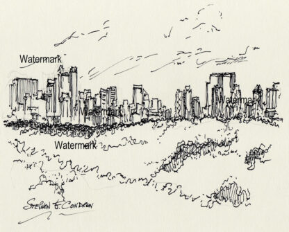 Manhattan skyline #830A pen & ink cityscape drawing with a view of Central Park.
