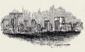 Manhattan skyline pen & ink drawing of midtown from Central Park At Night.