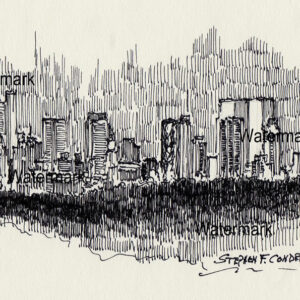 Manhattan skyline #831A pen & ink cityscape drawing of Central Park at nighttime.