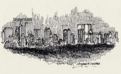 Manhattan skyline #831A pen & ink cityscape drawing of Central Park at nighttime.