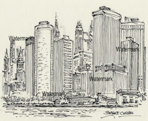 New York City skyline pen & ink drawing of towering skyscrapers in lower Manhattan.