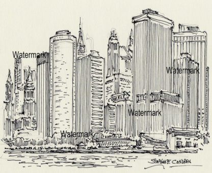 Lower Manhattan skyline #832A pen & ink cityscape drawing with fine details on the skyscrapers.