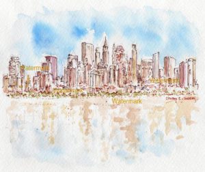 Lower Manhattan skyline watercolor reflecting in Upper Bay.