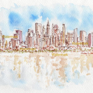 Lower Manhattan Skyline #835A pen & ink cityscape watercolor  with a view of the Upper Bay.