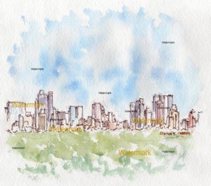 Manhattan skyline watercolor painting of midtown from Central Park.