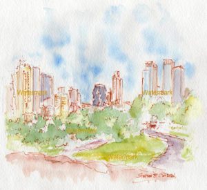 Manhattan skyline watercolor painting viewed from Central Park.