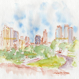 Manhattan skyline watercolor painting viewed from Central Park.