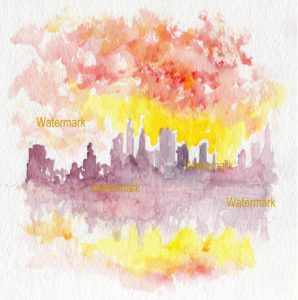 Impressionist watercolor skyline painting of lower Manhattan at sunset.