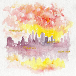 Impressionist watercolor skyline painting of lower Manhattan at sunset.