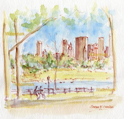 Manhattan Central Park skyline watercolor of Jacqueline Kennedy Reservoir.