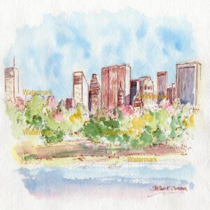Central Park skyline watercolor viewed from Jacqueline Kennedy Reservoir.