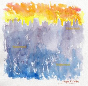 Impressionist watercolor skyline painting of lower Manhattan at sunset.
