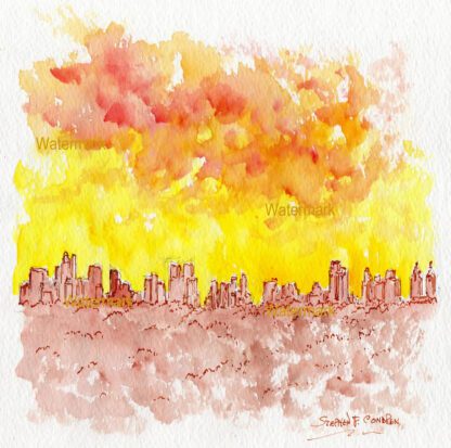 Manhattan skyline #844A pen & ink cityscape watercolor with a glowing yellow and crimson sunset over Central Park.