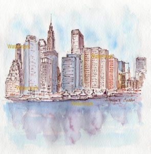 ower Manhattan skyline watercolor of skyscrapers reflecting in the bay.