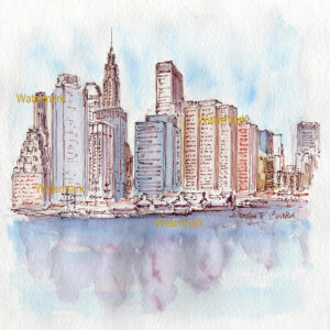 Lower Manhattan skyline pen & ink cityscape watercolor is popular because of it's reflection on the bay, and the print is matted 11"x14".
