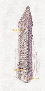 Flatiron Building watercolor painting with pen & ink line drawing.
