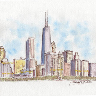 Chicago skyline #853A pen & ink cityscape watercolor is popular because of it's view of Streeterville.