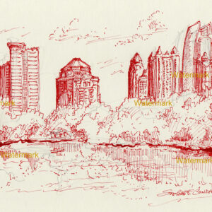 Atlanta skyline #857A red pen & ink cityscape drawing is popular because of it's view Piedmont Park.