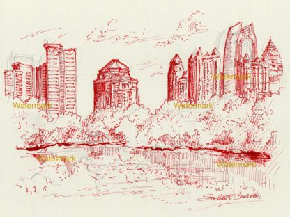 Atlanta skyline #857A red pen & ink cityscape drawing is popular because of it's view Piedmont Park.