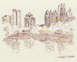Atlanta skyline watercolors and brown pen & ink drawing