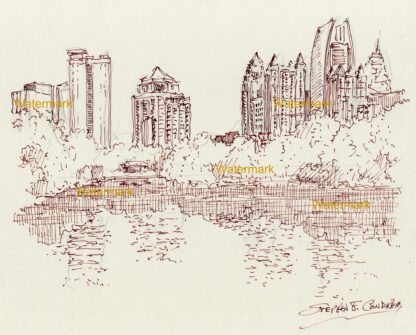 Atlanta skyline brown pen & ink drawing