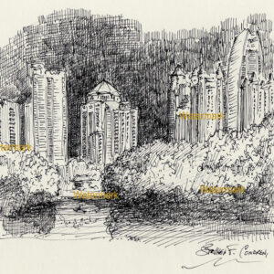 Atlanta skyline #859A pen & ink drawing is popular because of it's view of Piedmont Park and Lake Clara Meer.