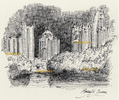 Atlanta skyline #859A pen & ink drawing is popular because of it's view of Piedmont Park and Lake Clara Meer.