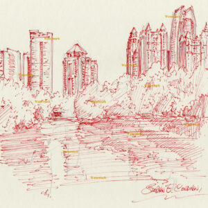 Atlanta skyline #860A pen & ink cityscape drawing of Piedmont Park in Midtown by Lake Clara Meer.