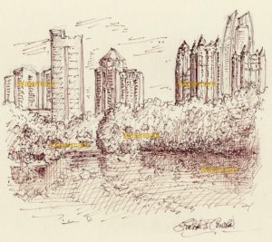 Atlanta skyline art in pen & ink drawing of midtown in Piedmont Park