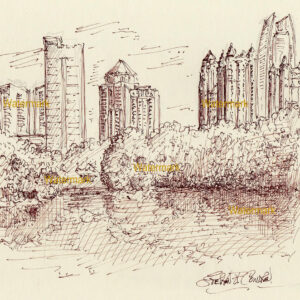 Atlanta skyline pen & ink cityscape drawing of Midtown in Piedmont Park by Lake Clara Meer.