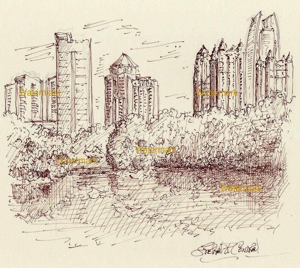 Atlanta skyline pen & ink cityscape drawing of Midtown in Piedmont Park by Lake Clara Meer.