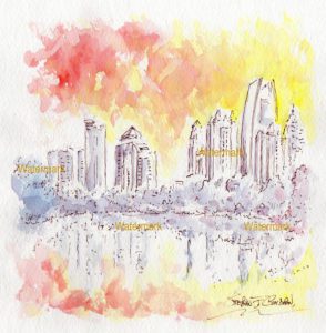 Atlanta skyline art in watercolor with sunset scene of Piedmont Park overlooking Lake Clara Meer.