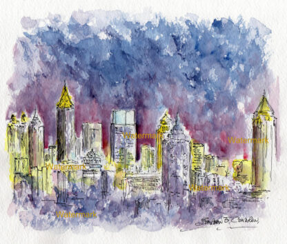 Atlanta skyline night watercolor downtown